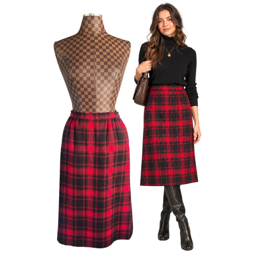 Pendleton Skirt Size 8 Red Black Tartan Plaid 100% Virgin Wool USA Midi Vtg Twee